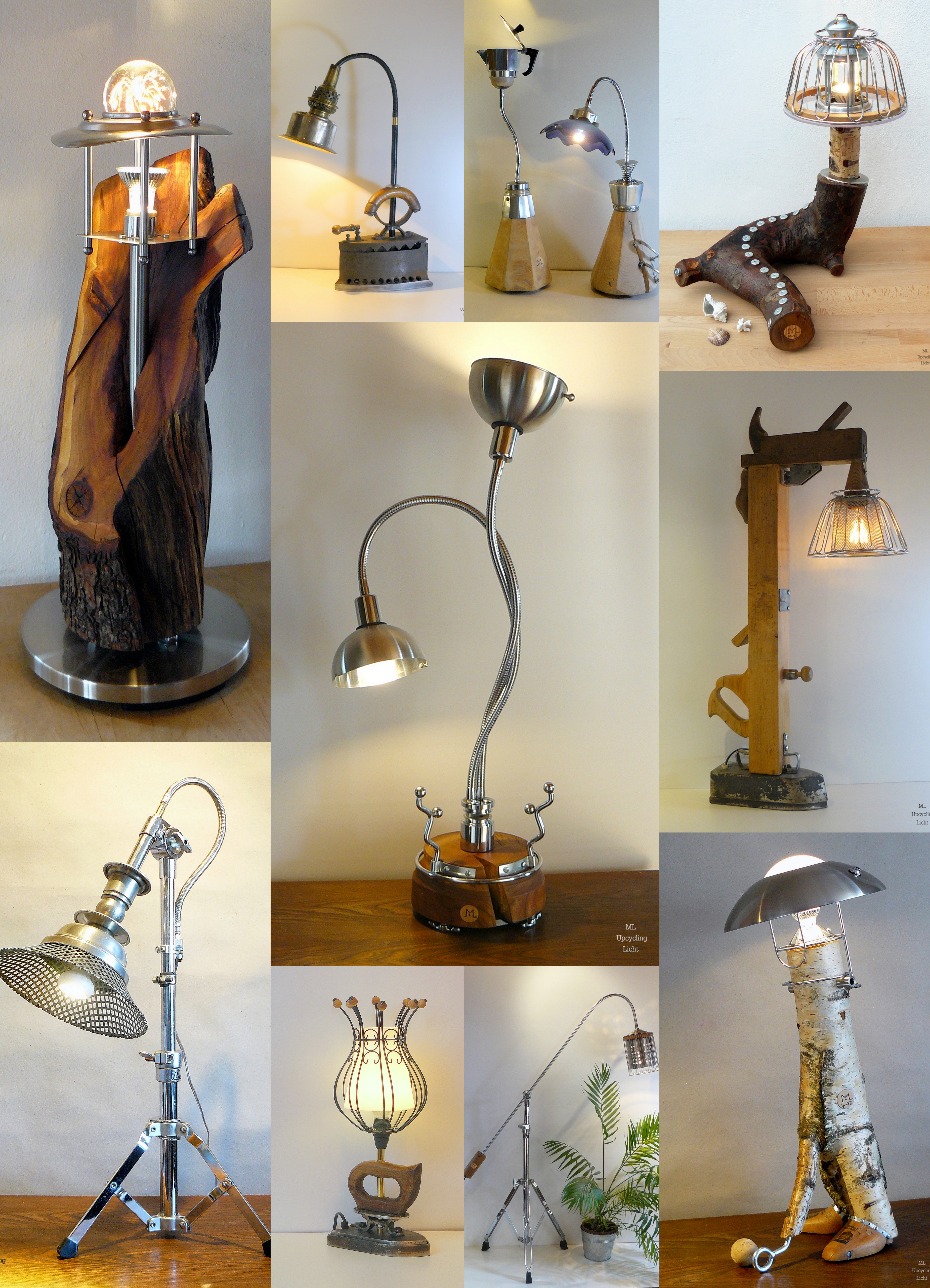Leuchten aus schönem Schrott, hübschen Fundstücken und vielerlei ausgedienten Gerätschaften. Jede Leuchte hat ihre besondere Geschichte und landet irgendwann bei mir zur Upcycling-Metamorphose.